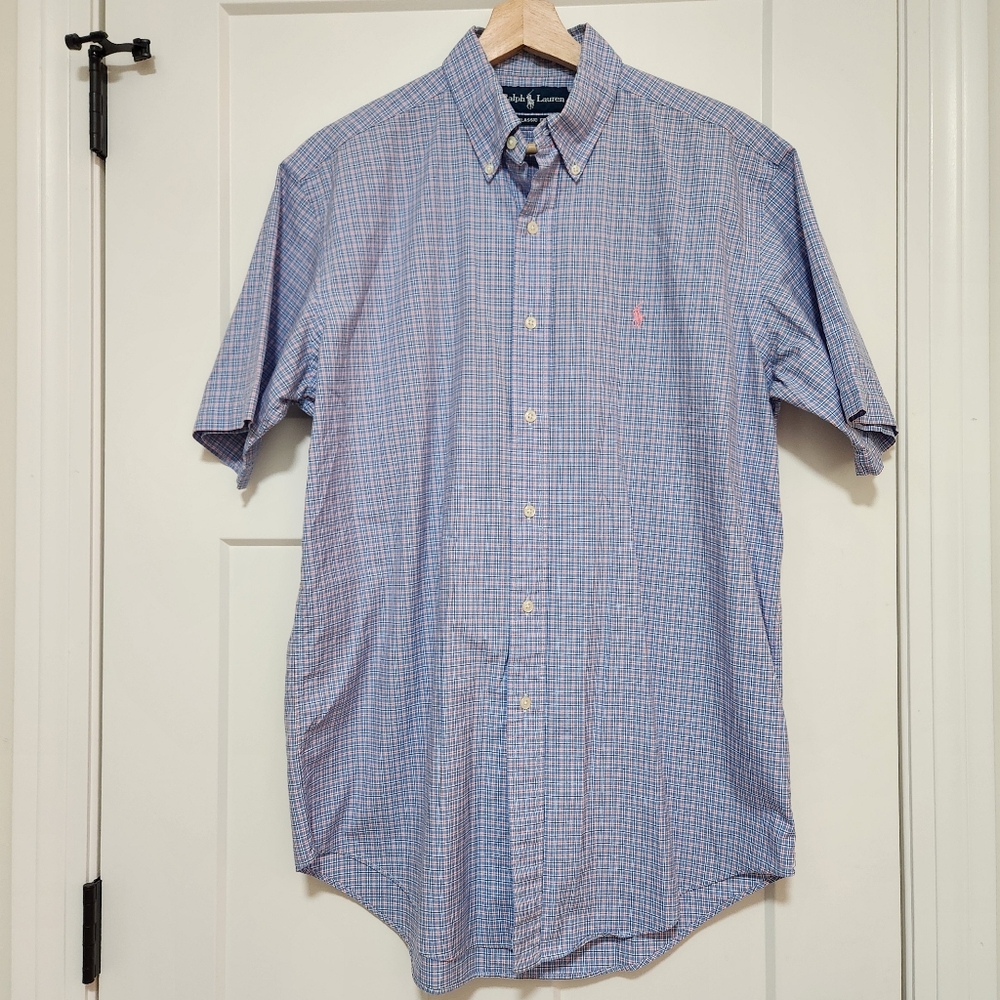 Ralph Lauren Men's Short Sleeve Button Down Shirt Blue Medium Classic Fit Pony